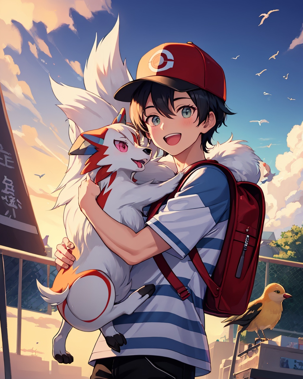 masterpiece,best quality, highly detailed, lycanroc,pokemon (creature), 1boy, z-ring, striped shirt, smile, t-shirt, baseball cap, male focus, open mouth, hug, bird, backpack, tree,<lora:lycanroc:1>