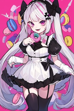 CH,high contrast,1girl,solo,long hair,looking at viewer,smile,open mouth,bangs,hair ornament,thighhighs,dress,bow,holding,twintails,purple eyes,white hair,short sleeves,hairband,food,puffy sleeves,black thighhighs,nail polish,puffy short sleeves,fangs,garter straps,drill hair,pink background,pink nails,doughnut,macaron,