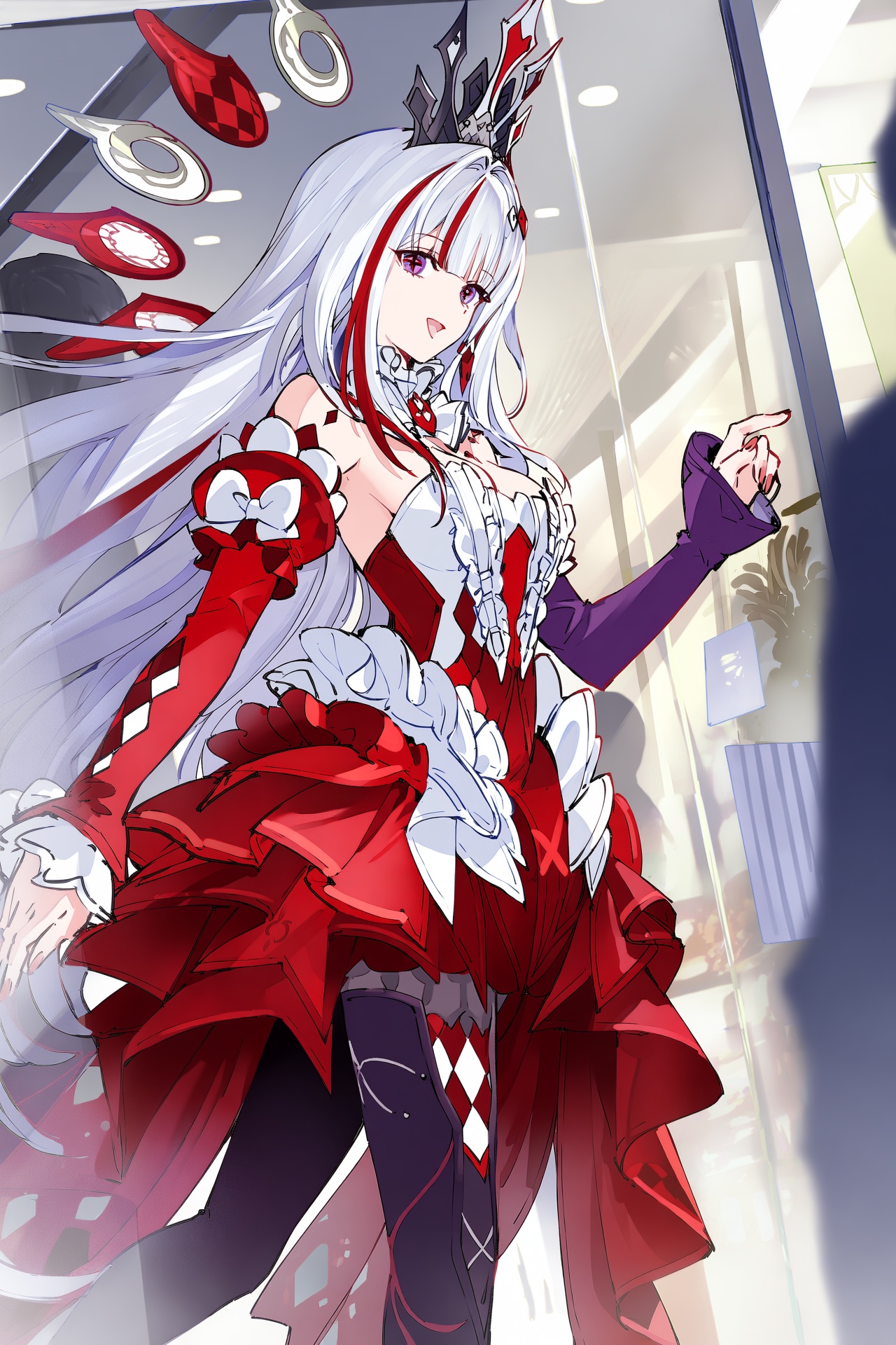@nardack and @rella,  nihilux (honkai: star rail),  A vertical anime illustration of Nihilux wearing her original red-and-...