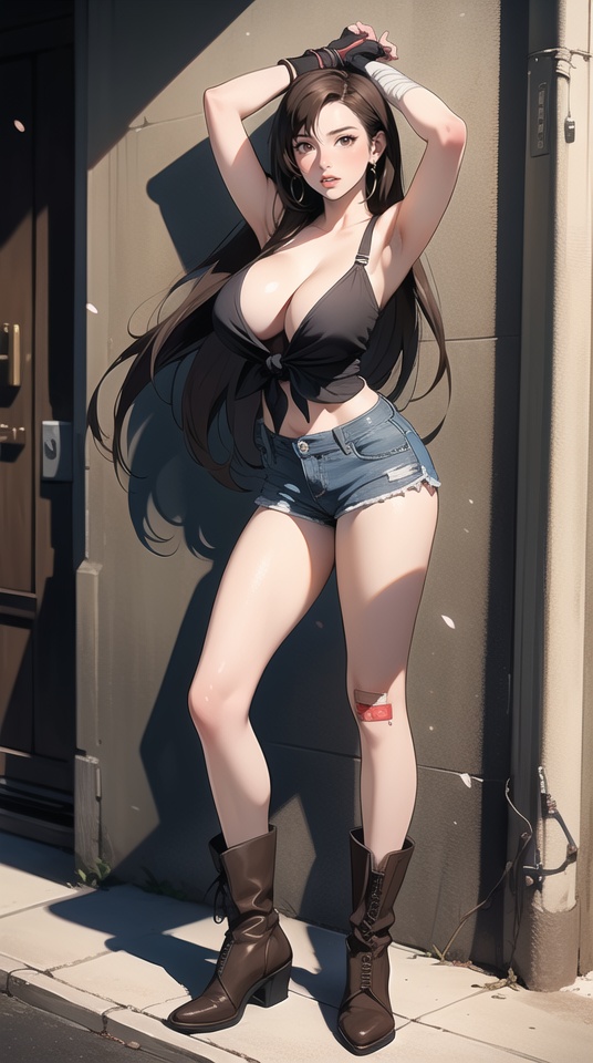 (best quality), ((masterpiece)), (highres), illustration, original, extremely detailed,1girl, solo, long hair, very long hair, breasts, bandaid, brown hair, fingerless gloves, bandages, shorts, tifa lockhart, gloves, brown eyes, large breasts, low-tied long hair, full body, boots, jewelry, arms up