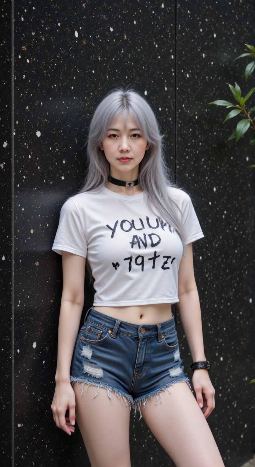 RUNYAN, RUNYAN wearing a white straw top with black writing on it ripped denim shorts ripped denim shorts a black choker and a bracelet. She stood by a wall of black speckledLong straight silver hair wearing a white straw top with black writing on it a black choker and a bracelet. She stood by a wall of black speckledLong straight silver hair ripped denim shorts wearing a white straw top with black writing on it Long straight silver hair a black choker and a bracelet. She stood by a wall of black speckled 
