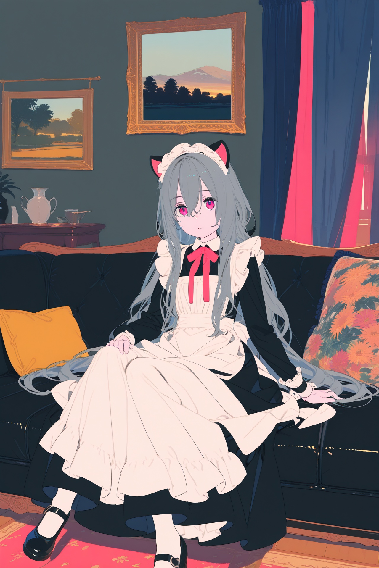 masterpiece,best quality,amazing quality,very aesthetic,absurdres,newest,highres,(enkyo yuuichirou:0.2),(toosaka asagi:0.2),(sayori \(neko works\):0.2),(sincos:0.2),painting \(medium\),(flat color:1.1),indoors,couch,curtains,1girl,solo,grey hair,pink eyes,cat ears,maid,white apron,frilled dress,very long dress,long sleeves,wrist cuffs,red bowtie,white pantyhose,mary janes,sitting,hand on own thigh,arm support,
