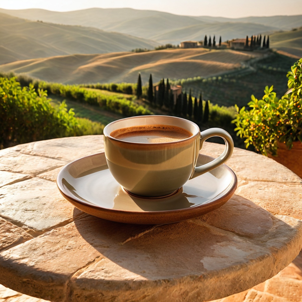 scenetuscastone,  a ceramic coffee mug,  Tuscan stone terrace table on Tensor.Art
