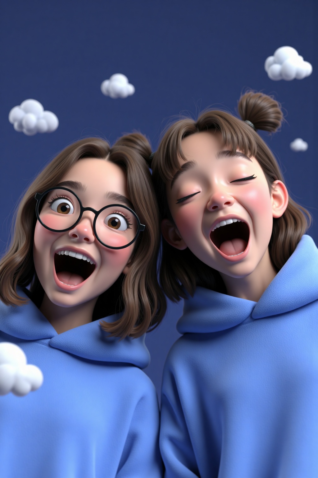 beijihui,Captured at eye-level,a 3D rendering captures two young girls,one with brown hair and the other with a blue hooded sweatshirt. Both of the girls are smiling,their mouths slightly open,as if they are screaming. The girl on the left is wearing a pair of glasses,and the girl on on the right is wearing her eyes closed. The background is a deep blue,and there are white clouds floating in the air.,