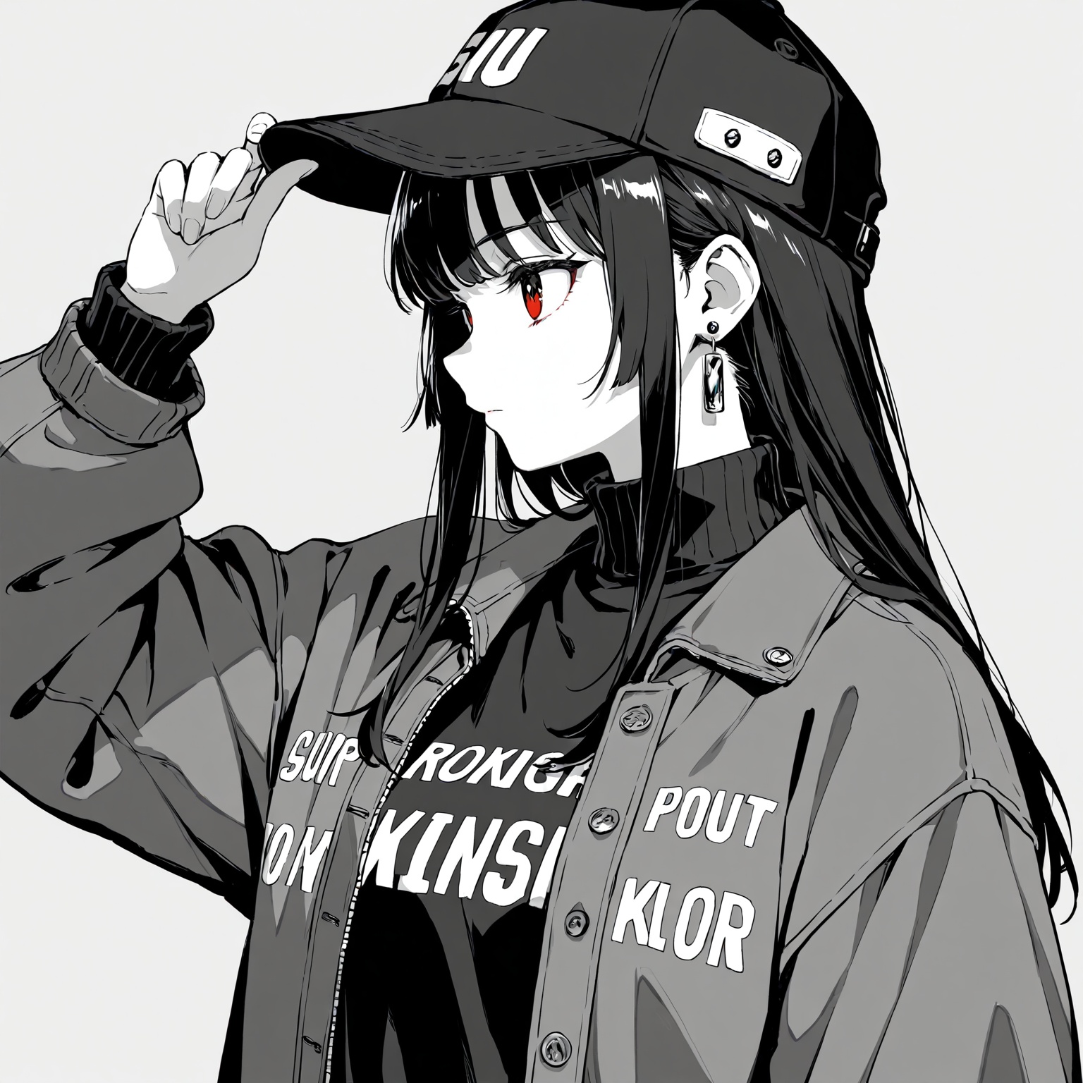 1girl,solo,long hair,monochrome,hat,greyscale,jacket,earrings,jewelry,baseball cap,grey background,upper body,simple background,long sleeves,clothes writing,open clothes,open jacket,closed mouth,bangs,hand on headwear,turtleneck,profile,spot color,sweater,sidelocks,red eyes,