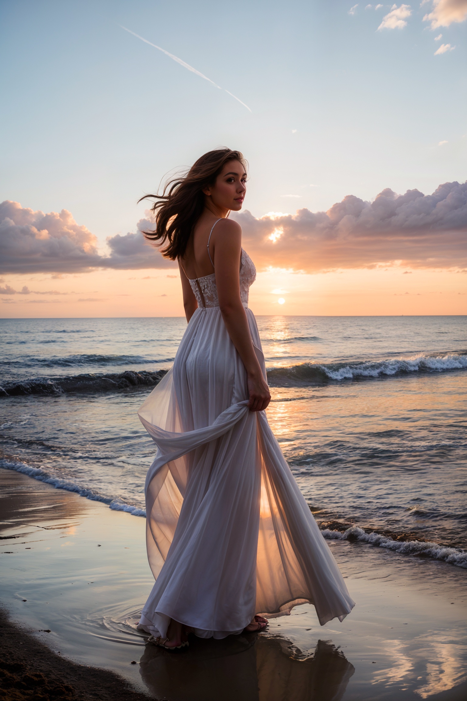 Photo of a woman on the beach,  wearing wedding dress,  (sunset) on Tensor.Art