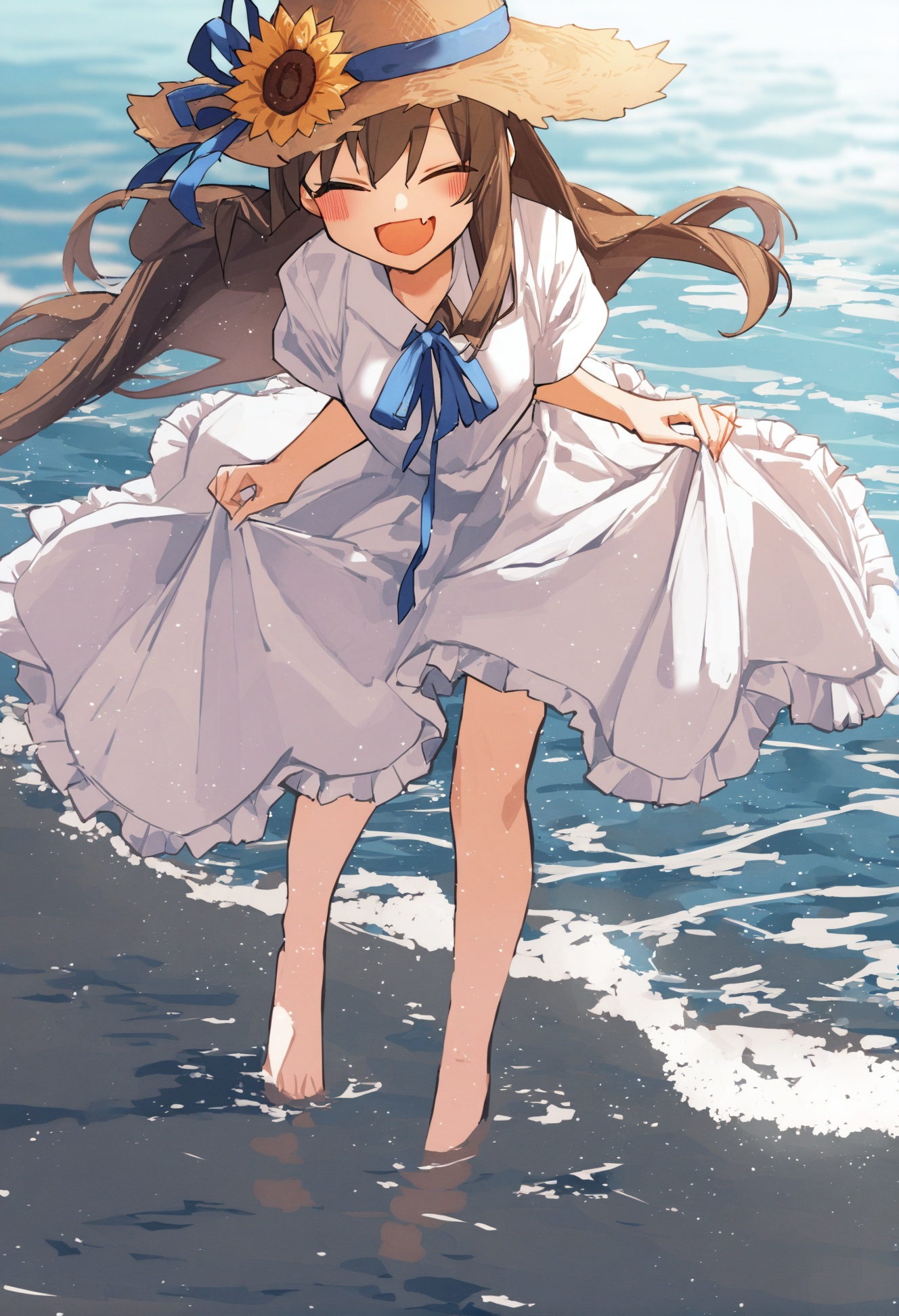 masterpiece, best quality,1girl, hat, solo, dress, closed eyes, brown hair, long hair, smile, fang, open mouth, flower, white dress, straw hat, wading, barefoot, skirt hold, water, blush, short sleeves, ^_^, blue ribbon, hat flower, ocean, bangs, sunflower, outdoors, :d, hat ribbon, very long hair, frilled dress , <lora:potgXLlokr4f-000143:1>