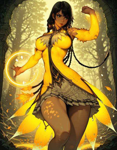 masterpiece,  best quality, 1girl, solo,  absurdres, large breasts,reithdg,win braids, black hair, long hair,magic,high up , delivering a spinning crescent kick, arching motion, cinematic lighting, ,ruins, forest, petals,  blurry background, glowing, light particles, embedding:SmoothQuality, 