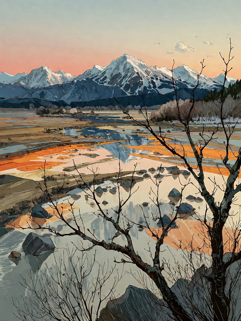 Bradhamel art style. A stylized illustration of a vast,  layered landscape at twilight,  featuring distant snow-capped mou...
