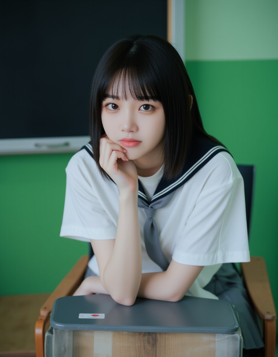 A photograph of a young Asian woman with straight black hair and bangs, sitting at a desk in a classroom. She wears a traditional Japanese schoolgirl uniform: a white blouse with black trim, a grey pleated skirt, and a grey necktie. Her expression is neutral, and she rests her chin on her right hand, which is touching her cheek. The classroom background features green walls and a blackboard on the left. The desk has a Japanese flag sticker. The overall mood is contemplative and slightly melancholic.