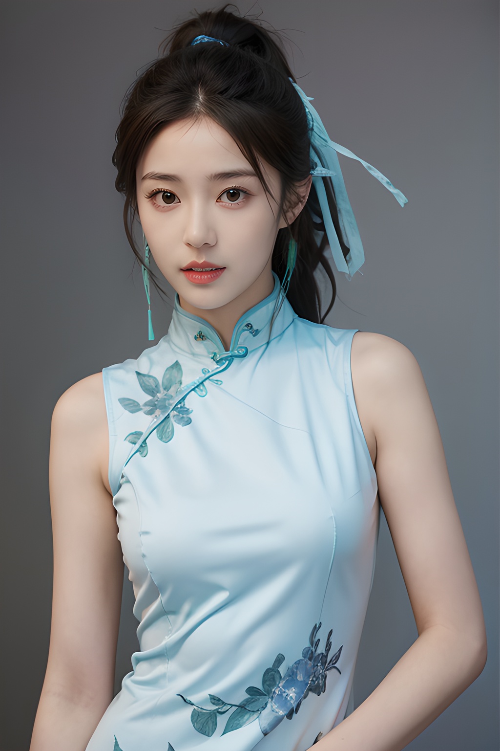 <lora:0808_01:0.7>,simple background,print_cheongsam,, 1girl,realistic,masterpiece, best quality, photorealistic, HDR,detail, 1girl,best quality, masterpiece, detailed,