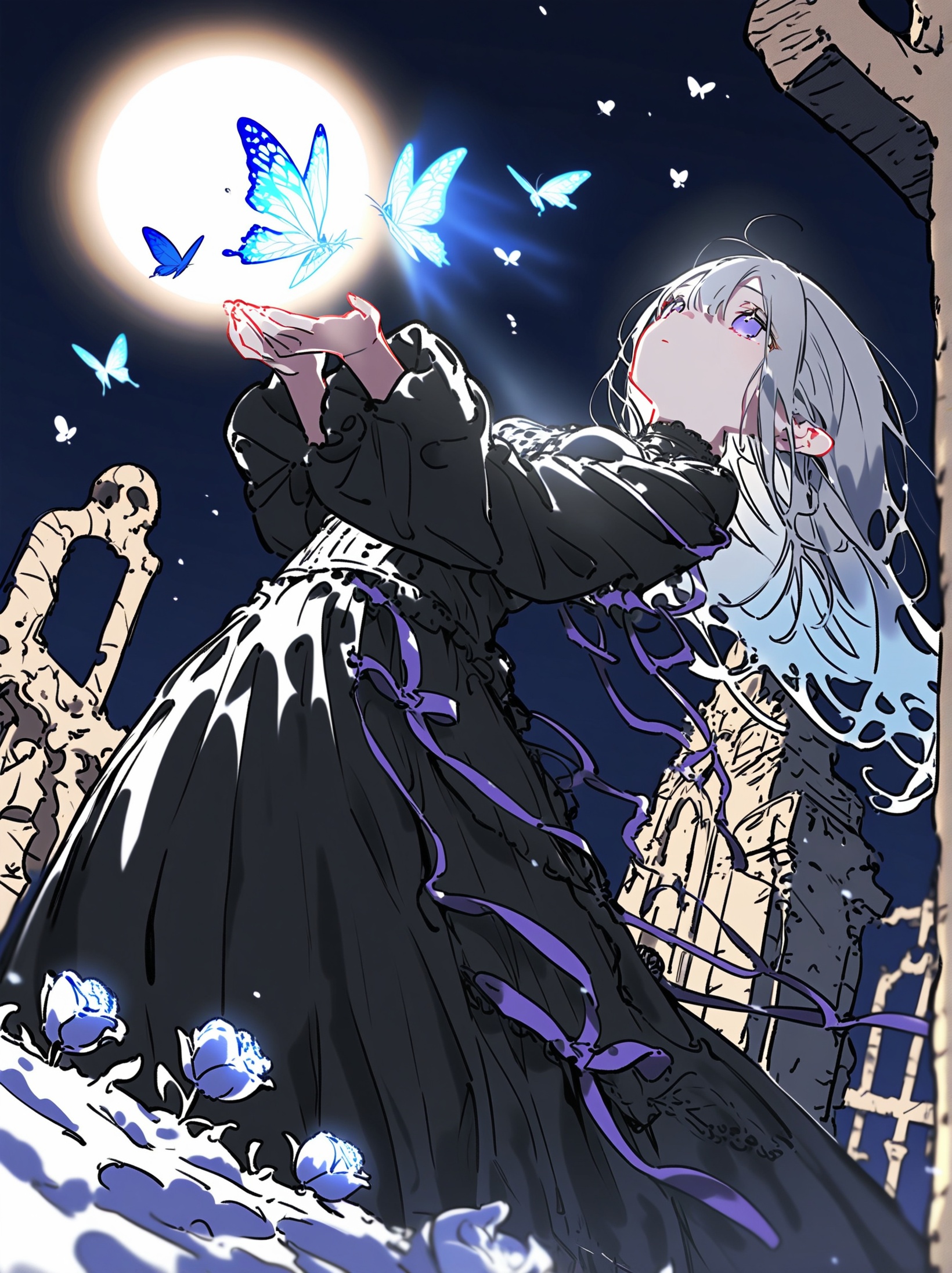 masterpiece, best quality, good quality, very awa,highres, very aesthetic, absurdres, newest,(narrative-rich composition),(dramatic angle,dynamic angle,dynamic pose:1.1),high-key lighting,volumetric lighting,light rays,hard lighting,(am314:1.1),(yoneyama mai:0.9),(lifeline \(a384079959\), aspara:0.7),(niji psyp style:1.1),An ethereal anime girl with long, flowing silver-lavender hair and delicate pointed ears stands gracefully within a moonlit, snow-dusted ancient graveyard. She wears an intricate gothic gown of midnight black, adorned with tattered lace, purple ribbons, and subtle thorny patterns creeping up the bodice. Instead of a full crown, sharp, black thorny vines weave through her hair, accented by small, frost-kissed white and violet flowers. She holds a single, faintly glowing white rose in her cupped hands, gazing upwards towards a luminous full moon partially obscured by wispy clouds. Spectral, translucent blue butterflies flutter silently around her. The scene is captured from a low angle, emphasizing her solitary figure against the backdrop of weathered tombstones and the vast night sky. Cinematic lighting with soft, volumetric moonlight beams cutting through the cold air enhances the melancholic yet serene and magical atmosphere. High detail, fantasy illustration style.