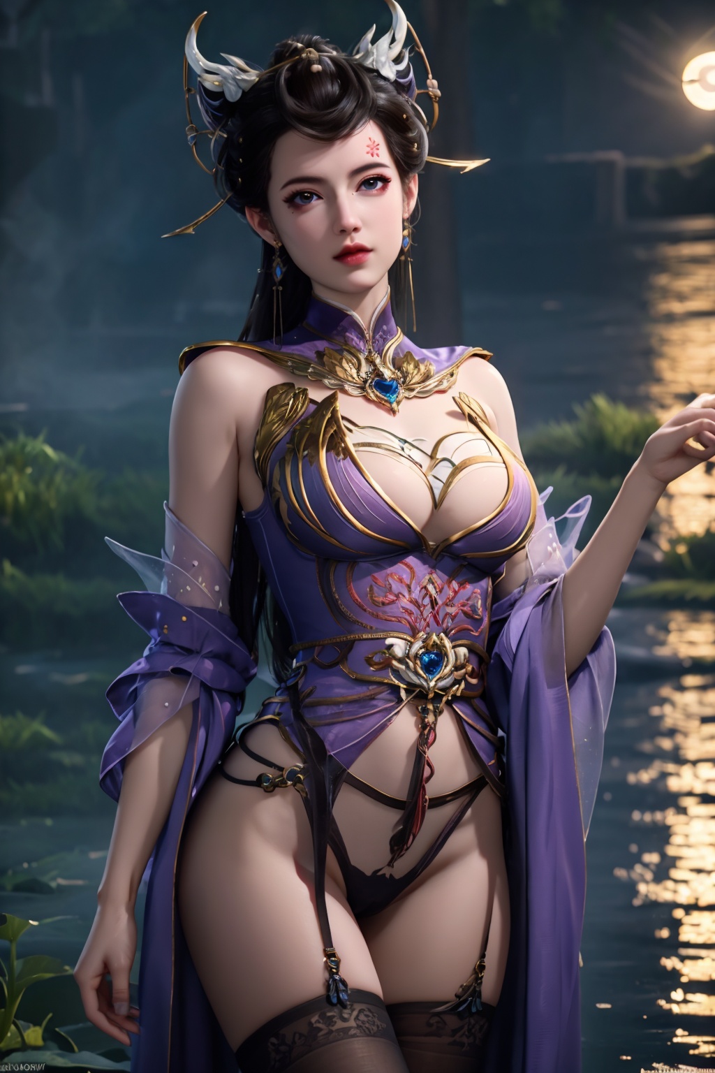 standing,flower,full_moon,moon,night,lily_pad,lotus,moonlight,nipples,water,night_sky,lily_\(flower\),sky,partially_submerged,1girl,solo,hair ornament,long hair,realistic,nail polish,photo_\(medium\),(medium breasts, cleavage),makeup,(8k, RAW photo, best quality, masterpiece:1.2),(realistic, photorealistic:1.3),ultra-detailed,extremely detailed cg 8k wallpaper,(crystalstexture skin:1.2),extremely delicate and beautiful,(sexy pose:1.2),wearing edgHL,see-through,thighhighs,sexy lingerie,(medium breasts:1.2),silk,thin transparent silk,torn pantyhose,