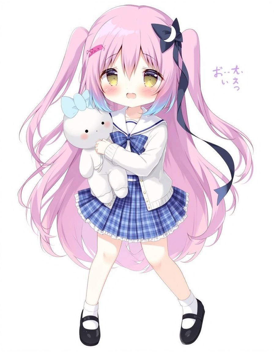 shiratama_(shiratamaco), official_art, 1girl, :d, ahoge, black_footwear, black_ribbon, blue_bow, blue_hair, blue_skirt, blush, bow, cardigan, crescent, full_body, gradient_hair, grey_cardigan, hair_between_eyes, hair_ribbon, holding, holding_stuffed_toy, long_hair, long_sleeves, looking_at_viewer, mary_janes, multicolored_hair, open_mouth, pink_hair, plaid_bow, plaid_clothes, plaid_skirt, pleated_skirt, ribbon, sailor_collar, shoes, skirt, smile, socks, solo, standing, stuffed_toy, tachi-e, two_side_up, virtual_youtuber, white_sailor_collar, white_socks, yellow_eyes, muri_(virtuareal), nijisanji, virtuareal, year_2024,, <lora:flux-Shiratamaco-000008:1>