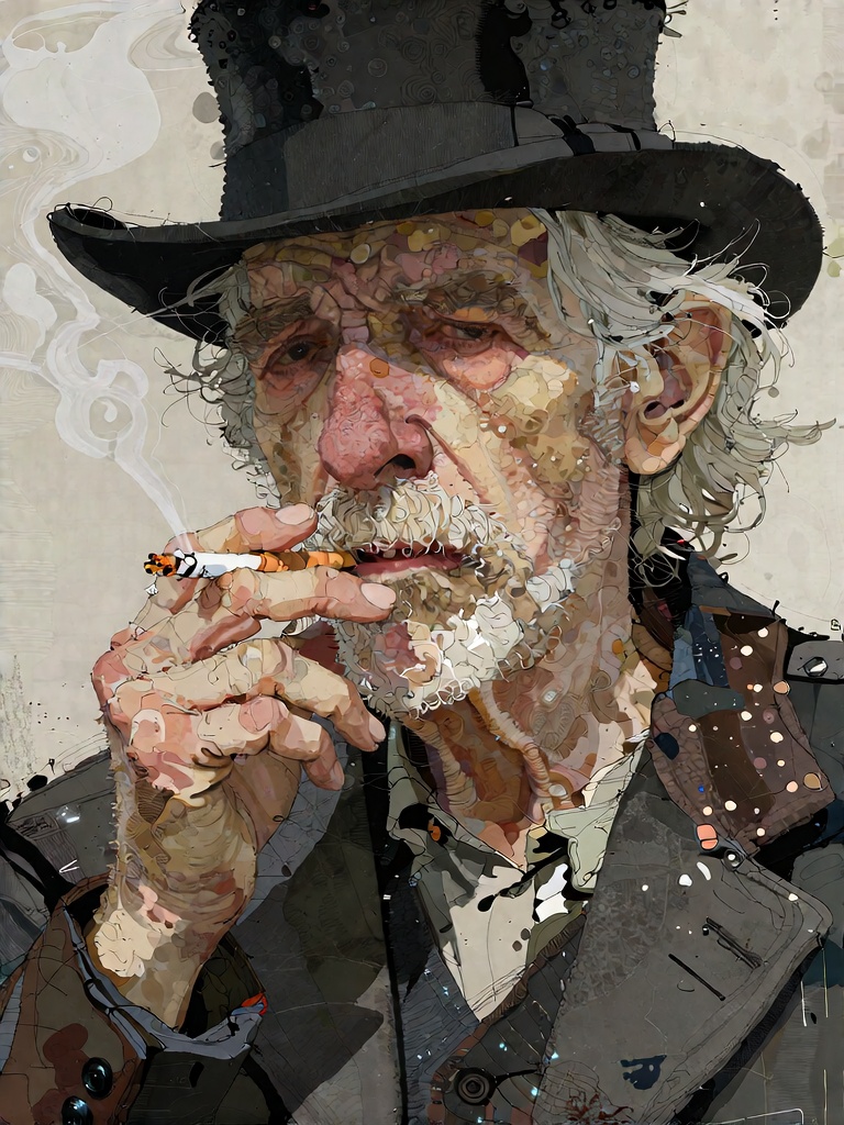 Bradhamel art style. A close-up portrait of an elderly man with a weathered face,  thick white beard,  and long gray hair...