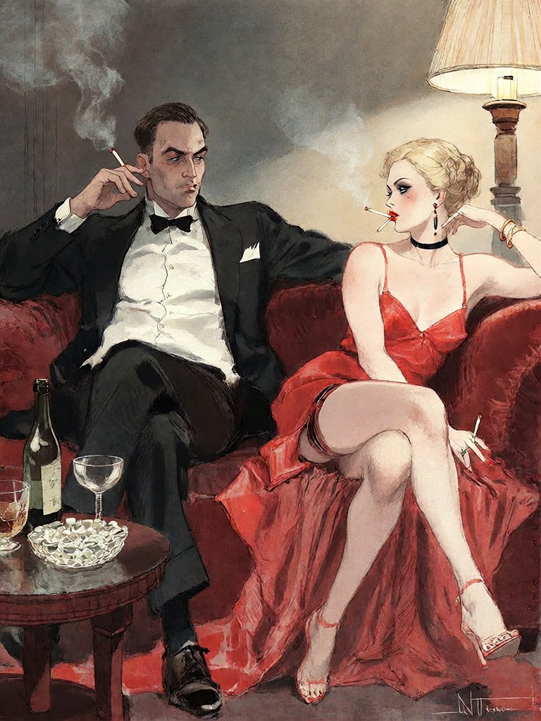 Bradhamel art style. A richly atmospheric painting of a man and a woman in formal attire lounging on a plush red sofa,  th...