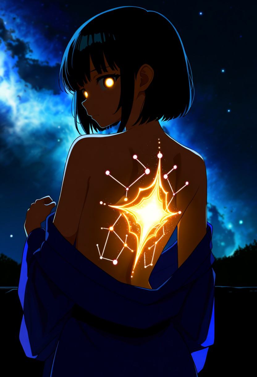 A dark anime illustration of a faceless girl seen from behind,  with an intricate glowing constellation tattoo on her open...