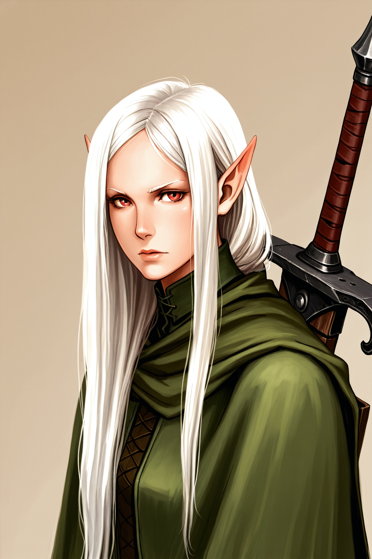 ami thompson Style Type-II,1girl,solo,sword,weapon,pointy ears,long hair,elf,cape,white hair,red eyes,portrait,weapon on back,<lora:ami thompson_illustriousXL:1>,