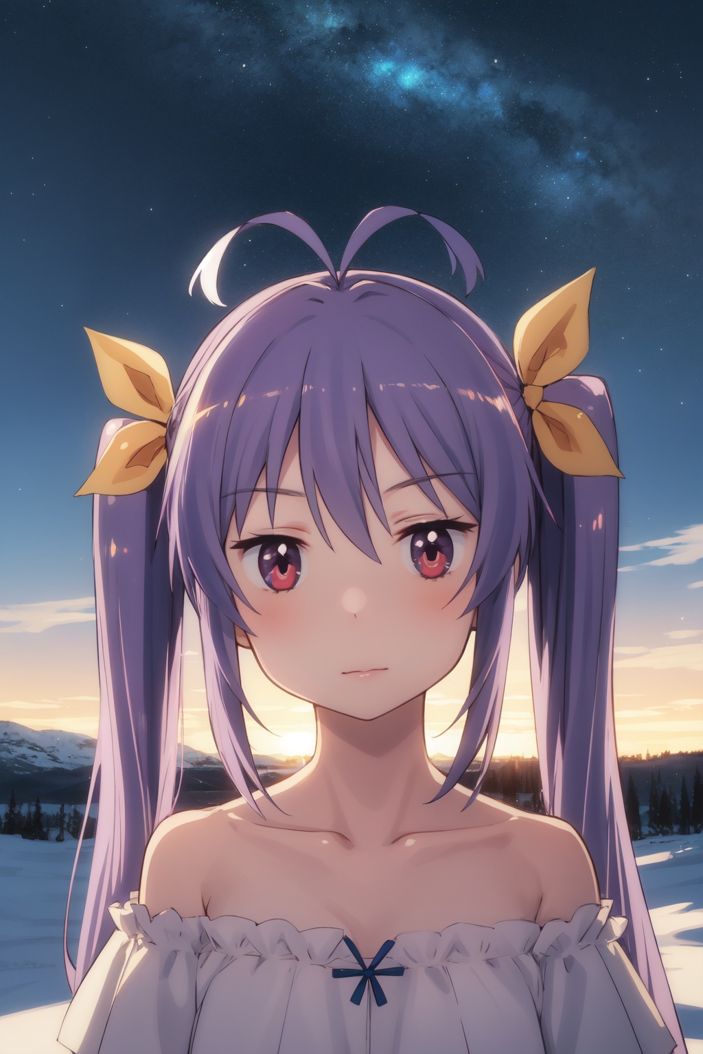 <lora:Renge-000003:0.8>,Renge CYQL,1girl,looking at viewer,solo,twintails,purple hair,long hair,antenna hair,hair ribbon,red eyes,loli,Off-the-shoulder midi dress and sandals,Stoic, Expressionless face with a neutral mouth and a neutral gaze.,portrait,beautiful face,beautiful eyes,glossy skin,shiny skin,Tundra, Midnight Sun, Barren, Cold, Landscape, Silence, Horizon, Solitude,(Date palms, Cacti, Oasis pool, Hot sand, Glaring sunlight, Mirage:0.6),beautiful detailed sky,beautiful detailed glow,masterpiece,best quality,beautiful and aesthetic,wallpaper,
