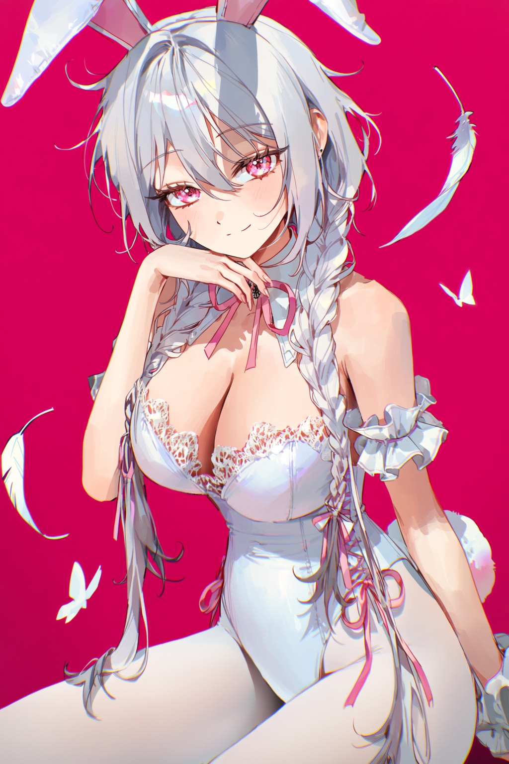 @ye jji,  A single female character with long silver-white hair in twin braids and pink eyes sits centered in a medium sho...