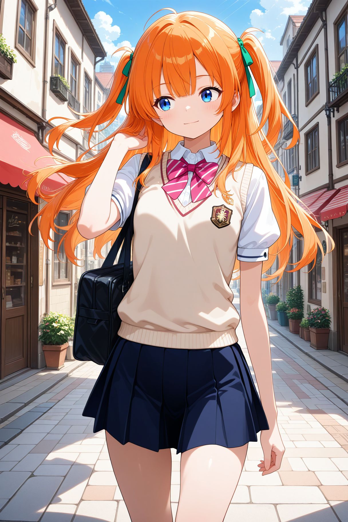 masterpiece,  best quality,  BREAKA girl is walking through the city. She has blue eyes and orange hair on Tensor.Art