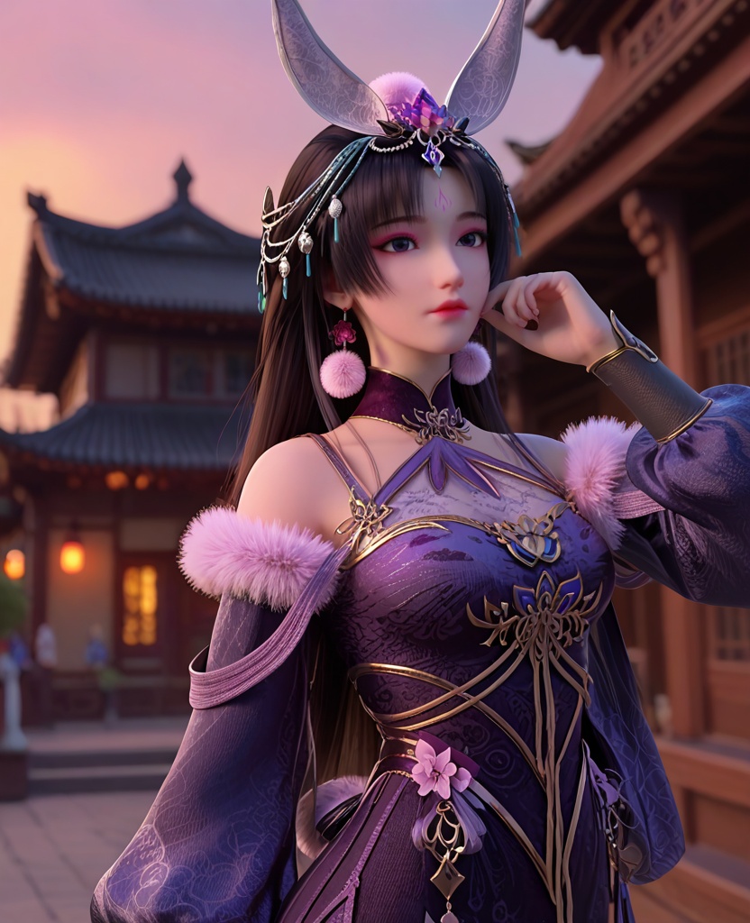 (oriental architecture, elegant decor, sophisticated style:1.1),(contemporary aerial dance:1.1),(breasts:1.2),<lora:XL暗河传慕雨墨:0.95>,miss muyumo,purple halter dress,pom pom \(ornament\),rabbit ears hair ornament,jewelry,puffy long sleeves,forehead mark,fur trim,black hair,long hair,purple eyes,parted bangs,white thighhighs,, score_9,score_8_up,score_7_up,score_6_up,score_5_up,score_4_up,3d rendering,tag1,tag2, Cinematic Lighting,backlighting,