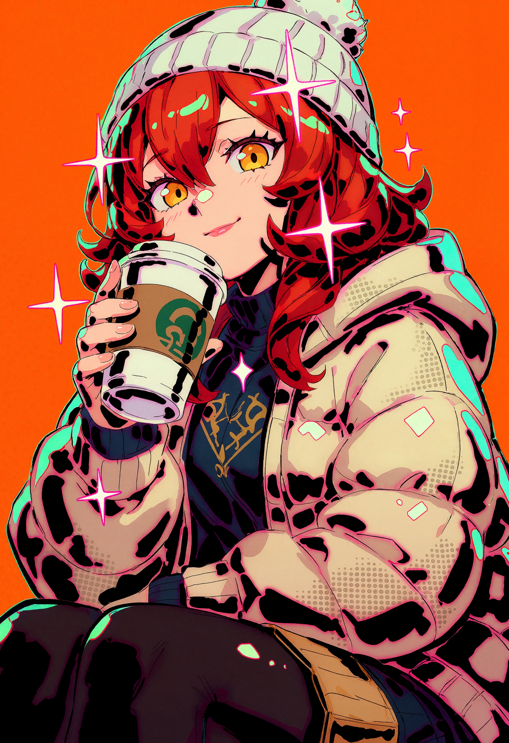 in the style of datcravat,  A warm-toned girl with fiery red curls and golden eyes smiles gently while cradling a coffee c...