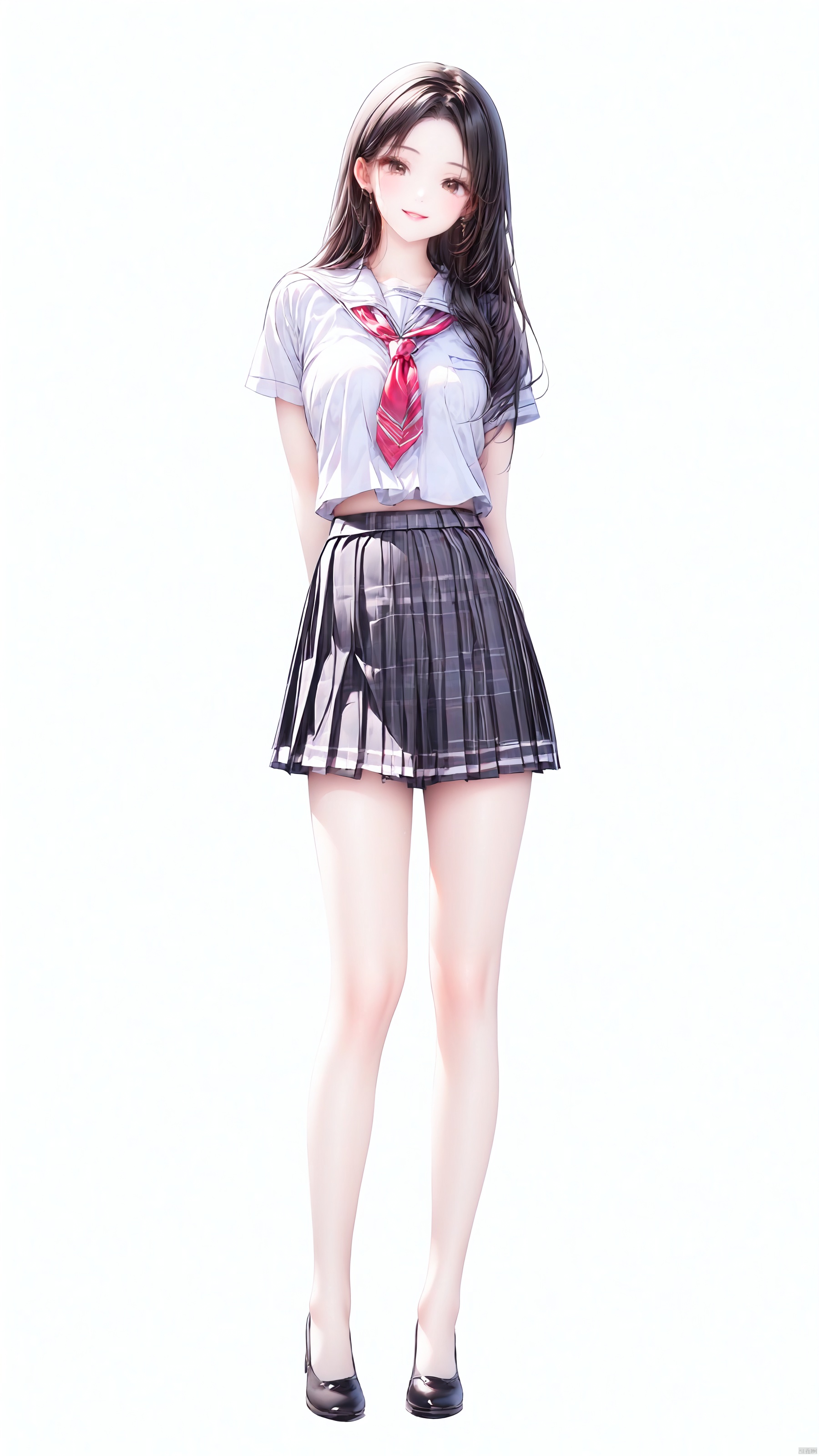 ——1girl, solo, long hair, looking at viewer, smile, skirt, simple background, shirt, black hair, white background, brown eyes, school uniform, standing, full body, white shirt, short sleeves, pleated skirt, shoes, black footwear, lips, plaid, plaid skirt, Medium breast————Medium breast,Beautiful Legs——Hands on the hips.——shuijingxie,smile——(Dynamic Pose: 1.5)——Clear hand contour,Hand intact,Five fingers of the hand are clear——1girl, ——, 1girl<lora:EMS-93-EMS:0.800000>, <lora:EMS-27162-EMS:0.300000>, <lora:EMS-254762-EMS:0.500000>, <lora:EMS-69165-EMS:0.500000>, <lora:EMS-368368-EMS:0.800000>