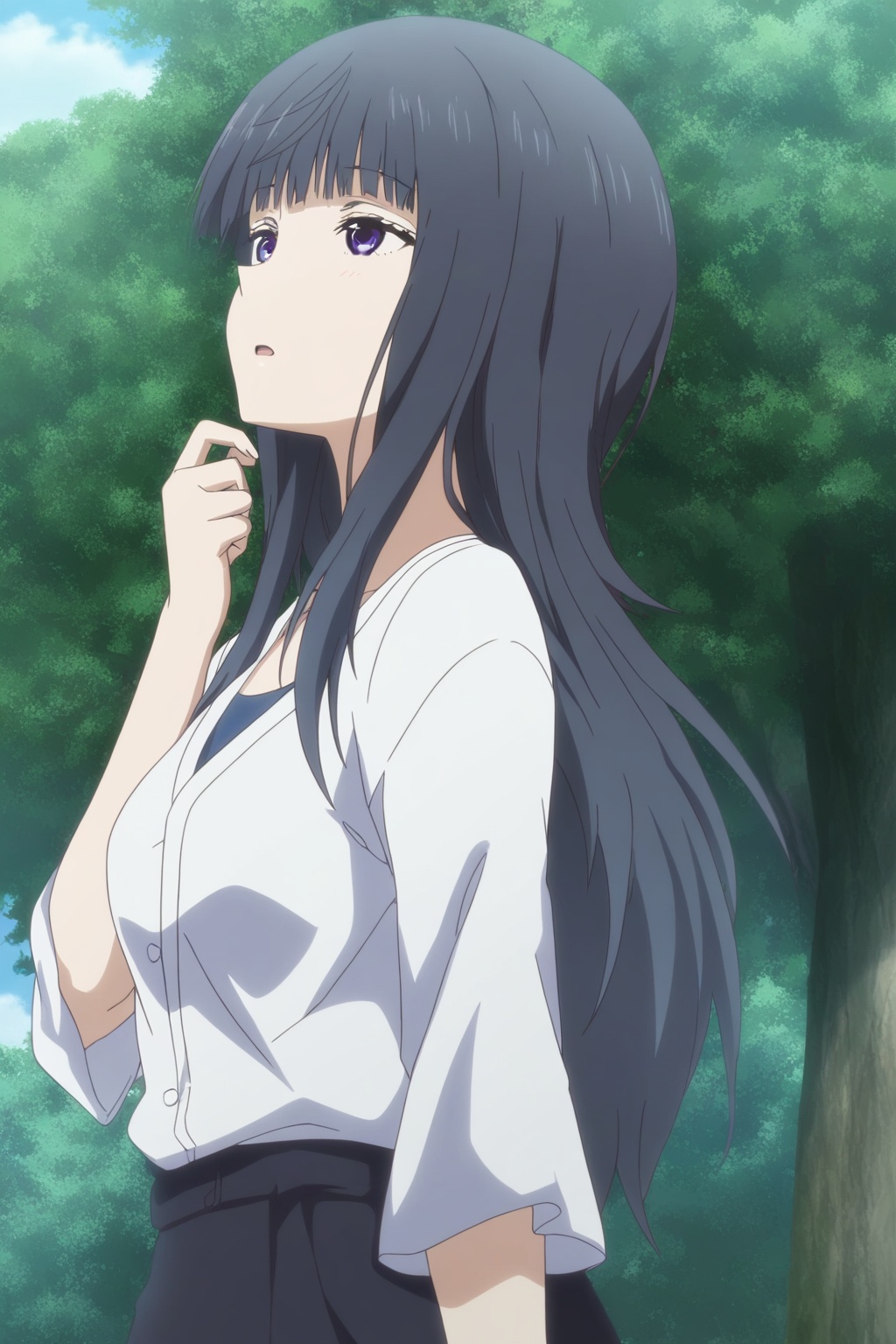 Riri Tenkūbashi, 1girl, solo, anime coloring, purple eyes, black hair, long hair, outdoors, tree, shirt, open mouth<lora:journey-000004:0.8>,