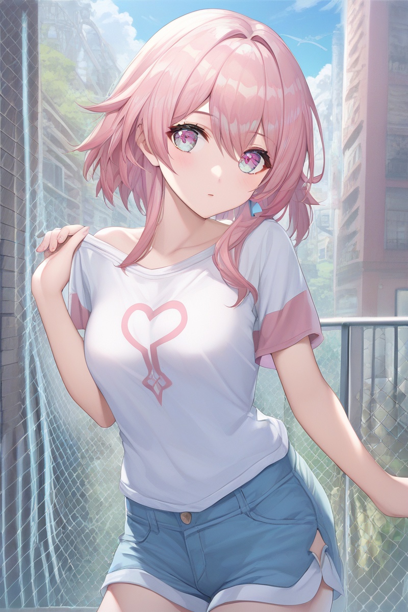 score_9,score_8_up,score_7_up,score_6_up,source_anime,source_cartoon,<lora:march 7thTponyXL-000008:0.7>,march 7th \(honkai: star rail\),1girl,solo,multicolored eyes,single earring,pink eyes,pink hair,t-shirt,shorts,