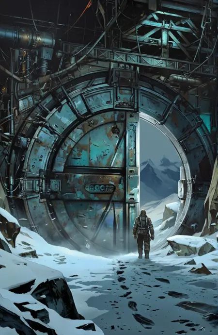 Yurimazum art style.A lone figure in a heavy,  dark uniform walks through a massive,  circular tunnel entrance on a snowy...