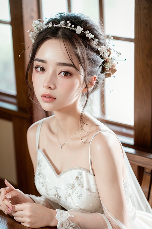 Nikon RAW photo,8 k, Fujifilm XT3,masterpiece, best quality, realistic, photorealistic, depth of field, bokeh, caustics, frontal photography, close-up shot, low-angle shot, grand, elegant, bright, natural, radiant girl, roses, church, wedding dress, smile, happiness, joy, grandeur, elegance, beauty, nature, bouquet, ornate decorations, soft glow, natural light, romance, nvshen <lora:nvshen_v3-000003:0.8>