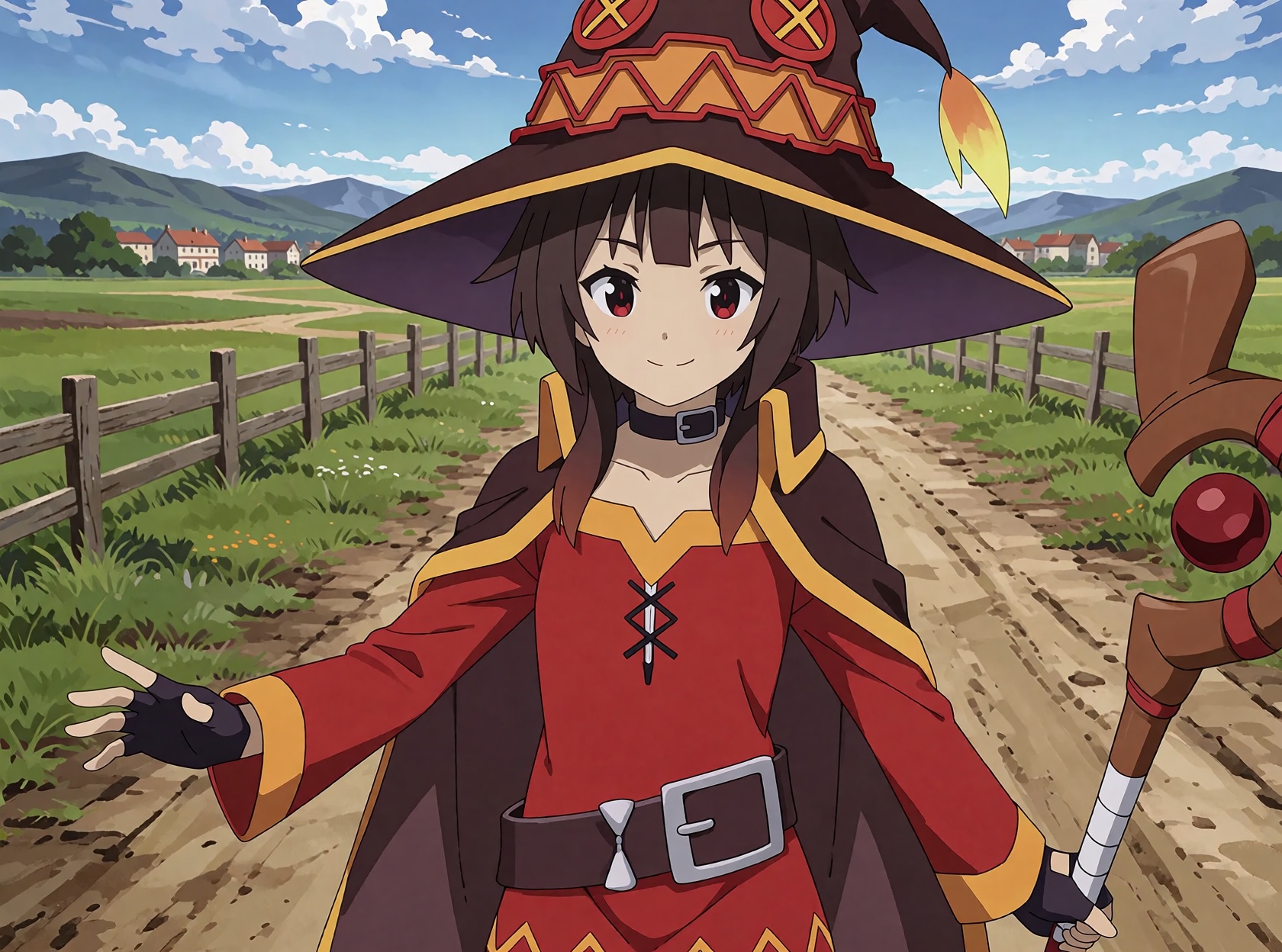 Megumin from KonoSuba stands full length on a dirt road. Short brown hair,  crimson eyes,  a slight smile. An oversized da...