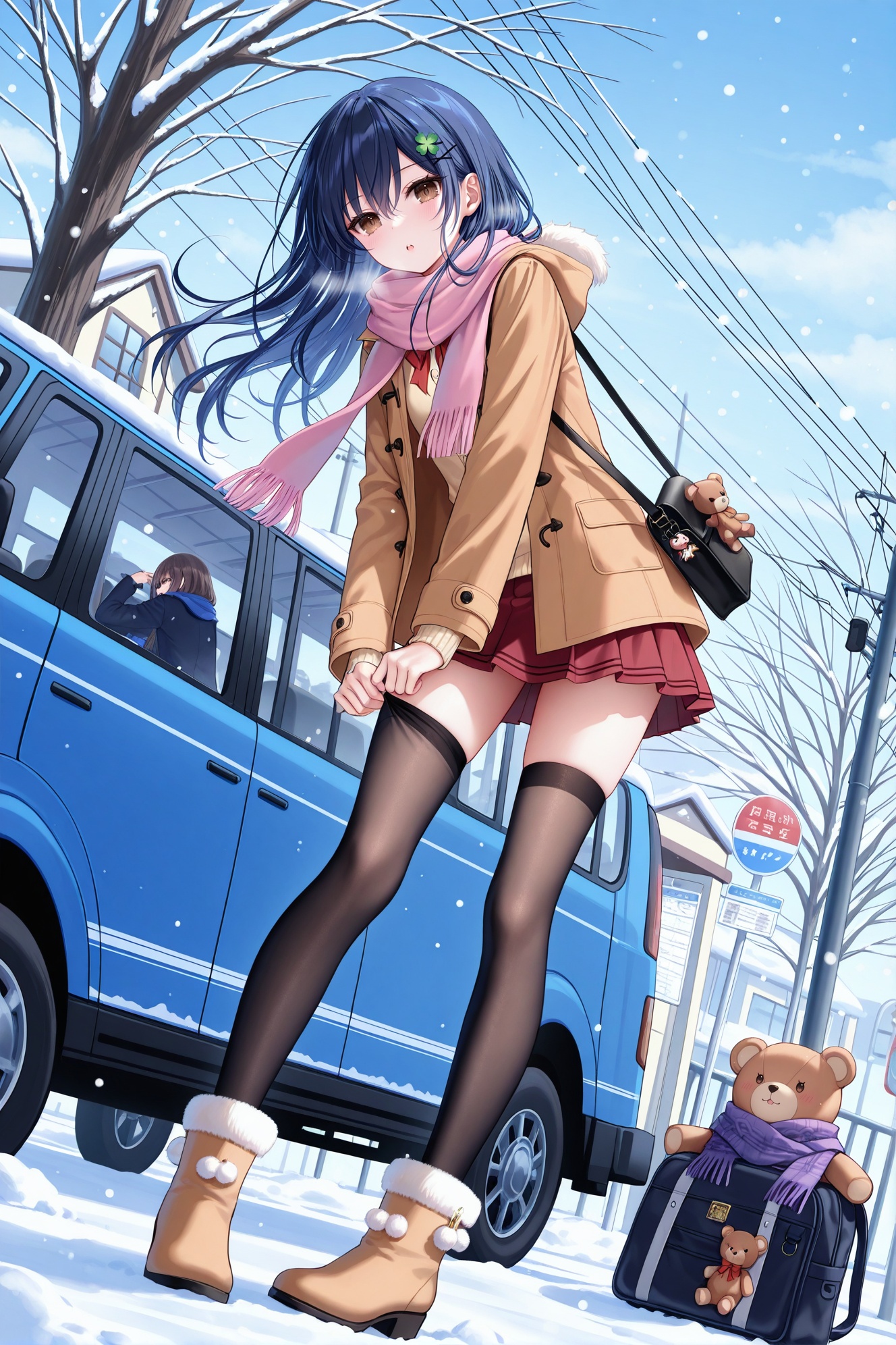 masterpiece, best quality, newest, absurdres, highres,(chen bin: 0.5),(hiten \(hitenkei\):0.4),(rimuu:0.5),(mignon:0.5),(sheya:0.6),1girl, solo,   itsuka shiori, 1girl,solo, blue hair, brown eyes, hairclip, four-leaf clover hair ornament,smile, fur boots,putting on legwear, thighhighs, outdoors, scarf, motor vehicle, skirt, black thighhighs, bag, long hair, coat, blush, adjusting clothes, snow, road sign, brown eyes, winter, pleated skirt, bag charm, black hair, tree, charm \(object\), looking down, day, long sleeves, car, red skirt, power lines, teddy bear, zettai ryouiki, snowing, sky, hood, sign, school bag, parted lips, winter clothes, bare tree, standing, miniskirt, jacket, building,leaning forward, :o, hood down, shoulder bag, pink scarf, black eyes, utility pole, stuffed toy, stuffed animal, full body, traffic light, school uniform, winter coat, brown hair, buttons, open clothes, railing, fringe trim, cloud, license plate, street, bus stop, road, bus, purple scarf, dressing, fur trim, from below, brown coat, bent over, open mouth, blue sky, backpack, house, handbag, floating hair, blue scarf, dutch angle, looking at viewer, open coat, train,bottomless,detached sleeves,no shoes,see-through,A huge Christmas tree,Christmas Lolita, long legs, lace stockings, luxury living room, <lora:shioriXLNAI:1>