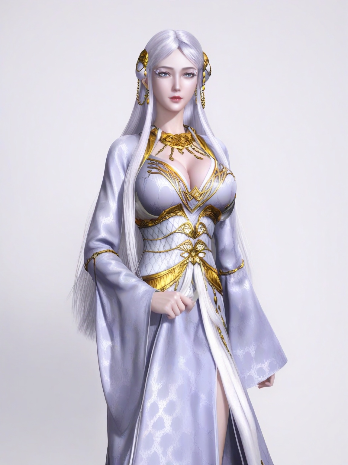 score_9,<lora:SF_BaiLong_Pony_Realism2.3-000005:0.7>,1girl,solo,dress,long hair, lipstick,earrings,eyelashes,large breasts, hair ornament,standing,wide sleeves, looking at viewer,white background,simple background,cowboy_shot,