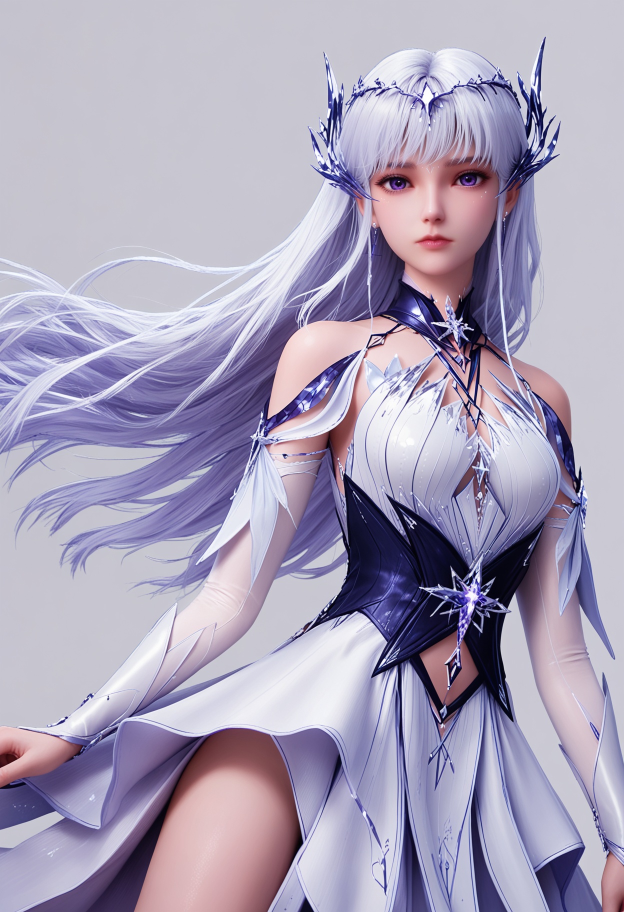 score_9,high detail,best quality,shiny skin,shiny,shengcaiersj,1girl,solo,purple eyes,long hair,white hair,white background,hair ornament,dress,bare shoulders,simple background,closed mouth,white dress,jewelry,expressionless,realistic,earrings,detached sleeves,looking at viewer,thighs,<lora:QQSponyshangcaiersjV1:0.8>,<lora:Pony_DetailV2.0:0.8>,<lora:皮肤凹痕:0.1>,