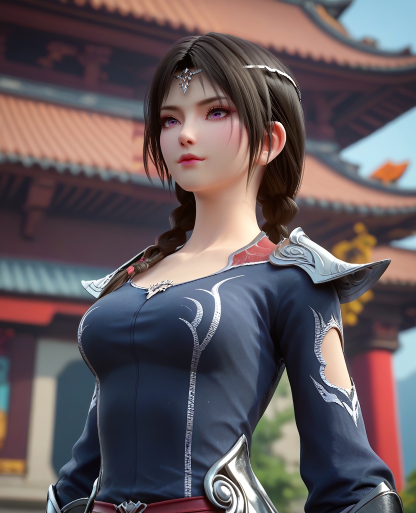 (oriental architecture, elegant decor, sophisticated style:1.1),Standing with hands on the hips, looking up,,(breasts:1.2),<lora:XL16大主宰安然:0.95>,miss anran,blue gray peplum dress,purple eyes,circlet,black hair,braid,long hair,pauldrons,fingerless gauntlet,black high-heeled thigh boots,, zPDXL2, score_9, score_8_up, score_7_up BREAK realistic, masterpiece,best quality, highly detailed,, zPDXL3, zPDXL2,zPDXL, zPDXLxxx, zPDXLrl,