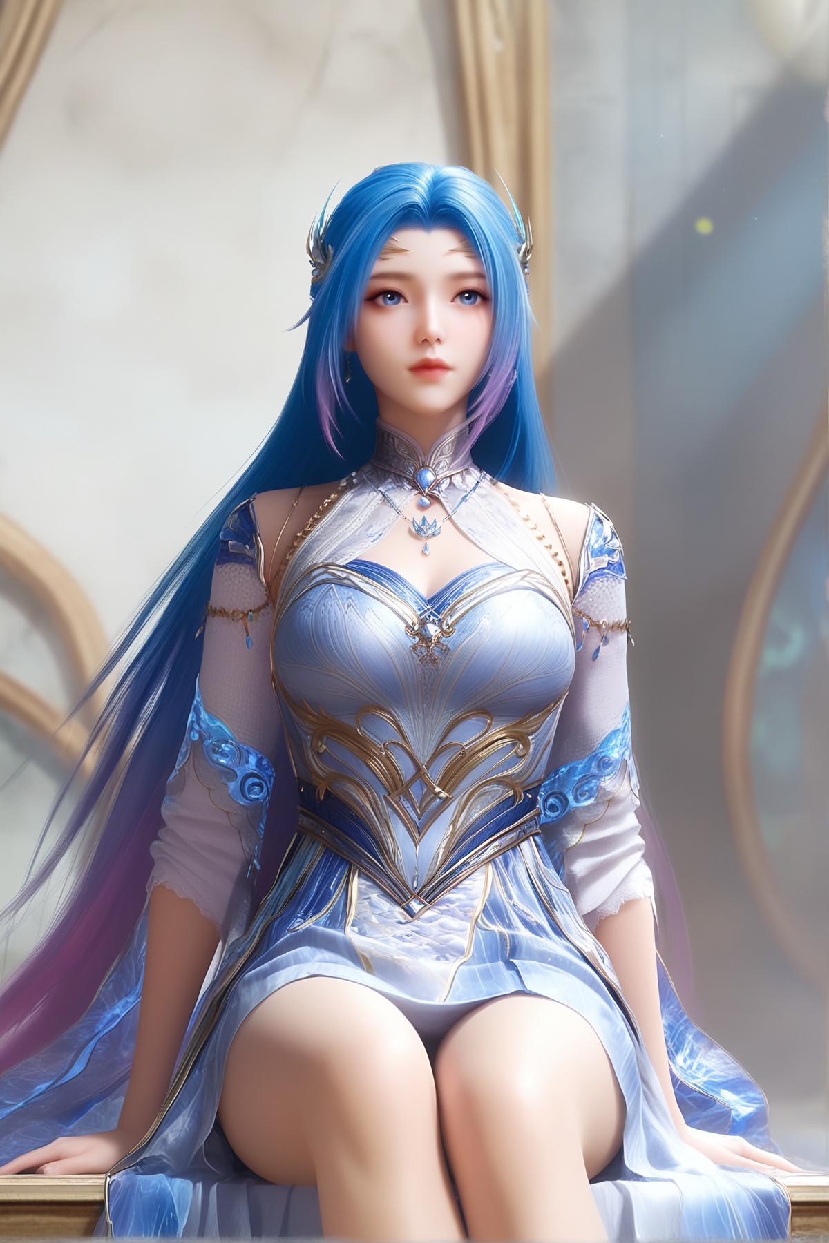 masterpiece,best quality,realistic,cinematic,detail eyes,(ultra-detailed),perfect composition,intricate details,absurdres,detailed face,high quality,high res,8K,<lora:X_tangwutong_IL3.0s:0.8>,blue hair,multicolored_hair,blue eyes,1girl,long hair,breast,medium breast,hair_ornament,dress,bare_legs,sitting,