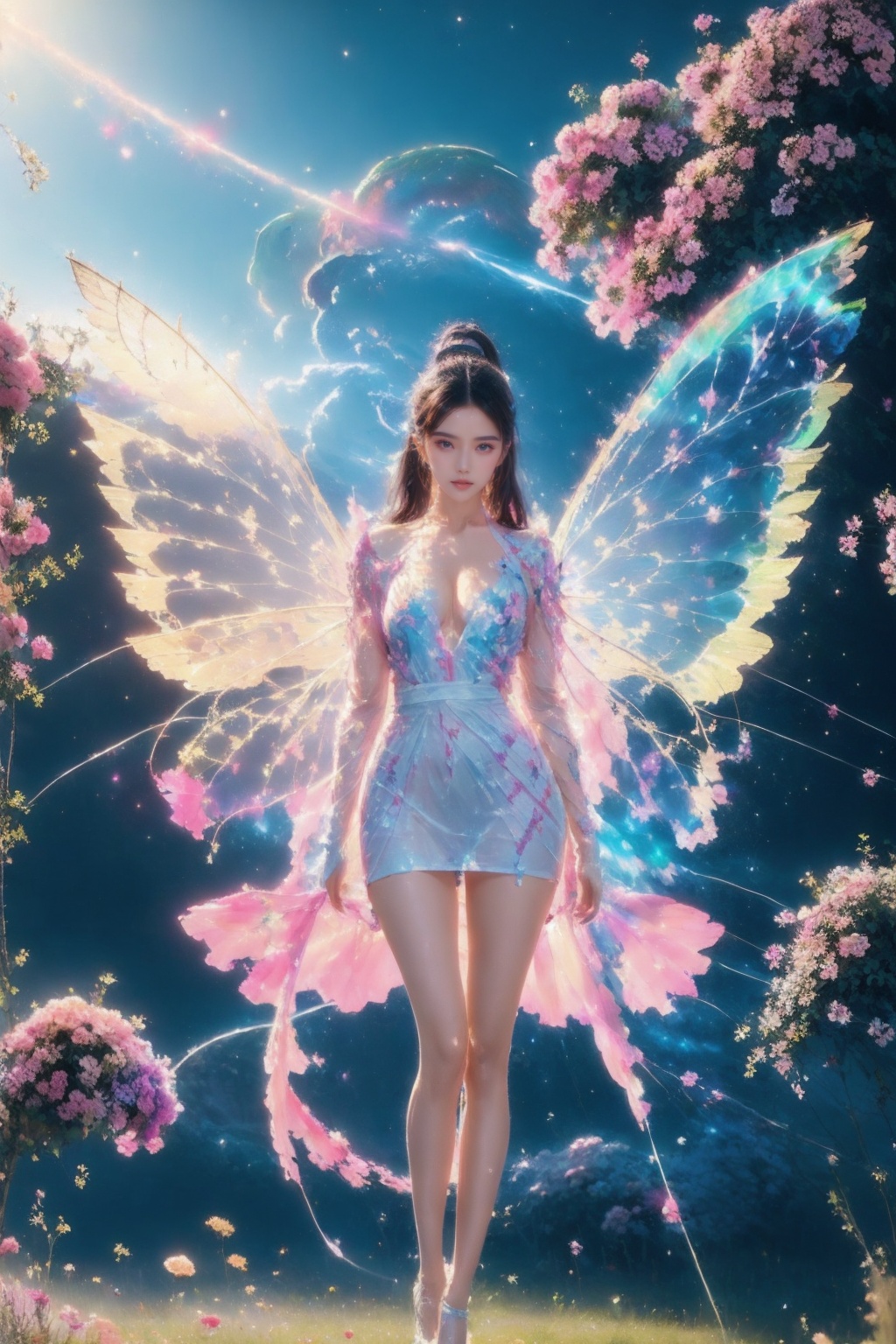 1girl,white see-through dress,short skirt,(very long legs:1.1),(legs apart:1.2),cleavage,tattoo,nebula,(painted clothes:1.3),standing,(transparent wings:1.3),high heels,high ponytail hanging down to the shoulders,lake,flowers,flowers meadows,grasslands,day,sunny sky,outdoors,<lora:Again_Style_2:1>