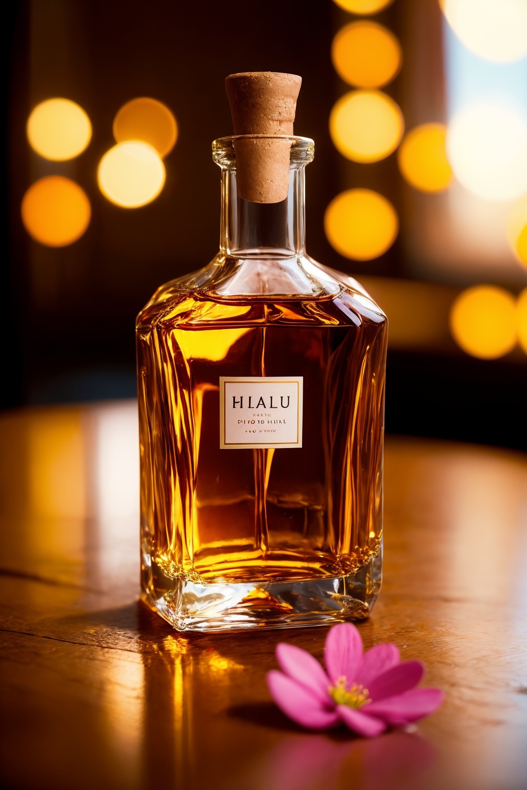 (photorealistic:1.4),(Realistic:1.2), no humans, flower, still life, pink flower, blurry, cup, realistic, glass, whiskey, depth of field, alcohol, drinking glass, bottle, blurry background, drink, photorealistic