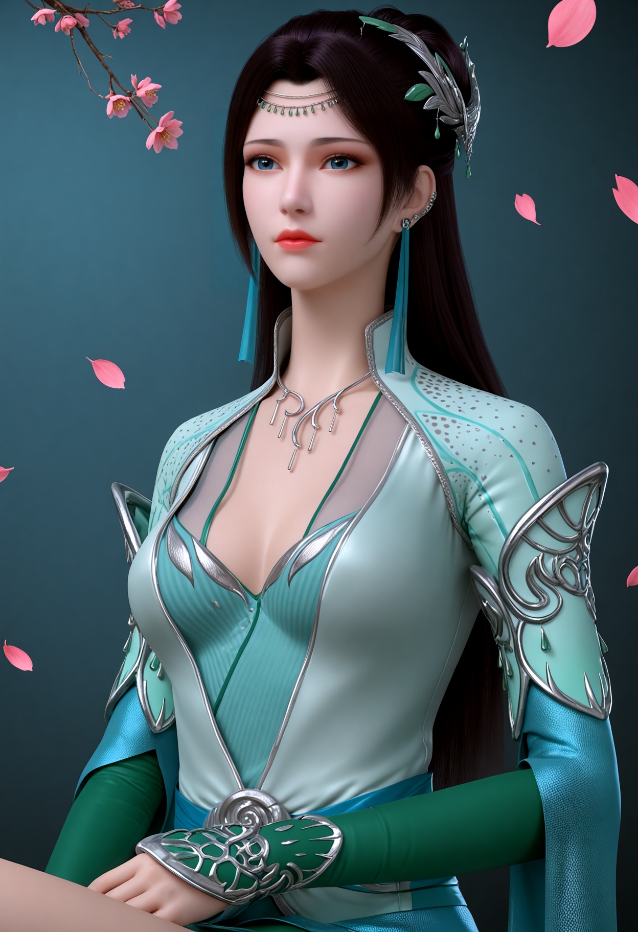 (upper_body:1.2),(looking_at_viewer:1.1),(masterpiece:1.1),(best quality:1.2),(intricate details),(smog:1.3),(Dark room:1.3),(dim lighting:1.3),peach blossom,falling petals,<lora:YQ_Illustrious光辉v5_云韵绿衣_V1:0.8>,q1528437228,1girl,solo,long_hair,earrings,black_hair,hair_ornament,dress,blue_eyes,necklace,green_dress,ponytail,hair_bun,realistic,legs,masterpiece,(best quality),(intricate details:0.9) BREAK (intricate details:0.9),(realistic skin:1.2),masterpiece,best quality,newest,absurdres,hiahres,