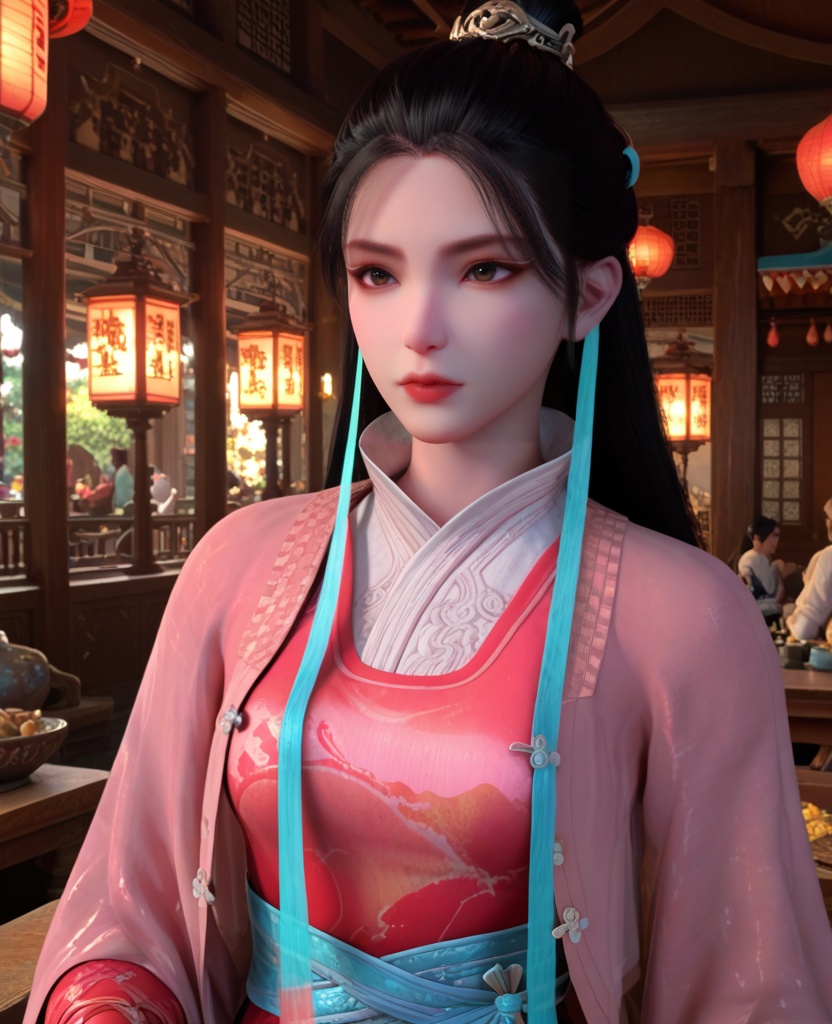 (oriental architecture, elegant decor, sophisticated style:1.1),(Bending down to smell a flower, expressing a moment of joy and appreciation,:1.1),(breasts:1.2),<lora:XL少年歌行尹落霞:0.95>,miss yinluoxia,pink chiffon outerwea with red dress underneath,black hair,long hair,azure hair ribbon,white lingerie collar,brown eyes,hair ornament,blue waist tie,eyeshadow,lips,fingerless gloves,, score_9,score_8_up,score_7_up,score_6_up,score_5_up,score_4_up,3d rendering,tag1,tag2, Cinematic Lighting,backlighting,