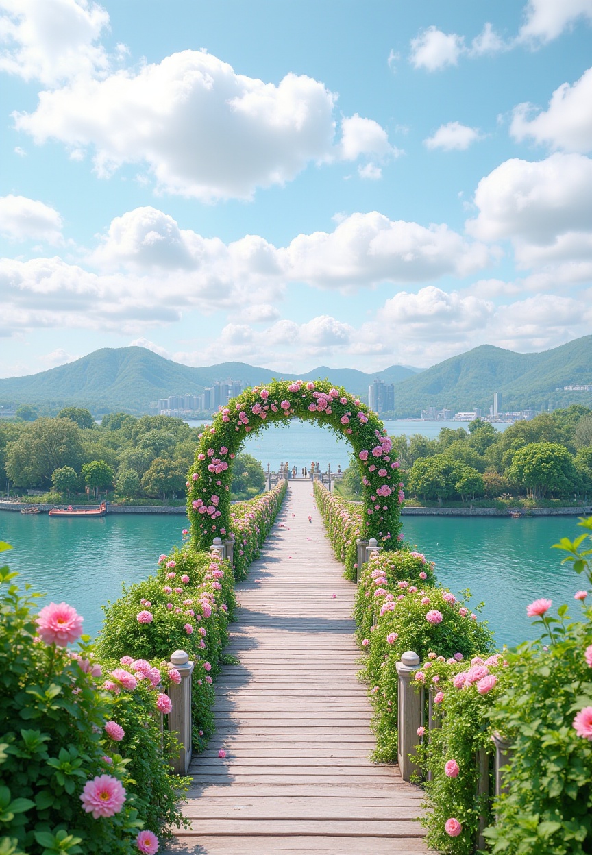 The surface is covered with flowers and plants,A sea-crossing bridge covered with greenery and flowers.,<lora:花开时间(2):1>,