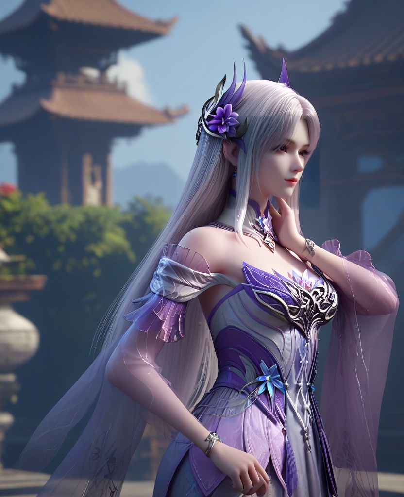 (oriental architecture, elegant decor, sophisticated style:1.1),(playing with her hair:1.1),looking at viewer,(breasts:1.2),<lora:XL16斗破苍穹斗尊小医仙:0.95>,miss xiaoyixian,purple bodice,white high-slit asymmetrical skirt,rufous eyes,sidelocks,white hair,hair ornament,long hair,jewelry,detached collar,see-through sleeves,bracelet,skirt see-through hem,anklet chain,high heels,, score_9,score_8_up,score_7_up,score_6_up,score_5_up,score_4_up,3d rendering,tag1,tag2, Cinematic Lighting,backlighting,, zPDXL3, zPDXL2,zPDXL, zPDXLxxx, zPDXLrl,