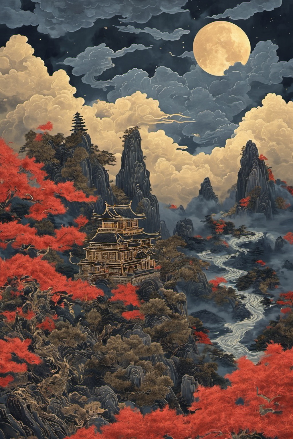 hhongj,cloud,moon,tree,no humans,sky,mountain,scenery,outdoors,east asian architecture,pagoda,cloudy sky,night,<lora:heijin-000008:0.8>,