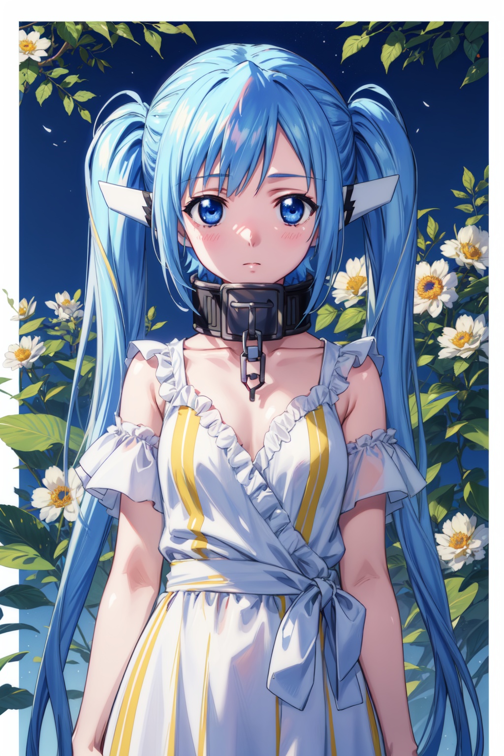 <lora:Nymph-000009:0.8>,Nymph CYQL,1girl,looking at viewer,solo,blue hair,long hair,very long hair,twintails,blue eyes,chain,collar,metal collar,giggling,upper_body,Striped wrap sundress with a side tie and ruffled hem,(english text:1.1),(border:1.4),Lavender rows, Purple blooms, Summer sunshine, Fragrant air, Lavender harvest, English countryside,simple background,masterpiece,best quality,beautiful and aesthetic,contrapposto,female focus,wallpaper,<lora:增强减少细节add_detail:0.3>,