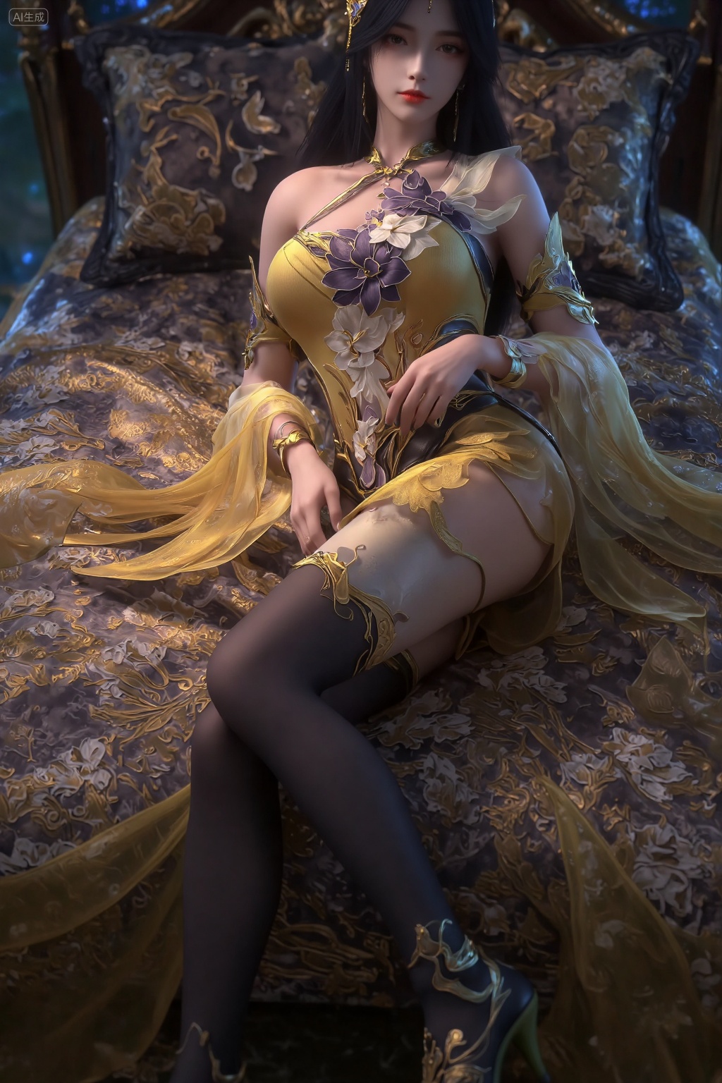 This is a highly detailed CGI rendering of a beautiful,fair-skinned woman with long,dark hair adorned with a golden crown and matching jewelry. She wears an elaborate,golden and purple floral dress,holding a similar flower. The background is a mystical forest with glowing blue light,Black stockings boots wrapped around her plump thighs,revealing a perfect and sexy curve.Wearing green high heels and with golden clothing adorning her ankles,a full-body picture,, She reclines on a luxurious bed,positioned centrally in the frame. Her body is angled slightly to the side,with her right arm bent and resting on the bed,while her left arm is gently placed on her waist. Her legs are slightly bent,with one leg resting over the other,exuding an air of relaxed elegance. The scene is enhanced by warm,golden lighting that casts soft shadows across her figure and the ornate bed,highlighting the intricate details of her attire and the luxurious surroundings.,masterpiece,best quality,astonishing quality,ultimate aesthetics,absurd,best quality,ultimate aesthetics,masterpiece,emotional masterpiece,extraordinary above all,mastery of details,, Negative prompt: ng_deepnegative_v1_75t,(badhandv4:1.2),EasyNegative,(worst quality:2),,nsfw, Steps: 30, Sampler: DPM++ 2M, CFG scale: 3.5, Seed: 854563991, Size: 1024x1536, Model hash: 062dad72b2, Model: 麦橘超然majicFlus_v1.safetensors, Denoising strength: 0, RNG: CPU, Lora 1: 20250820-1755705975731-0010, Lora Hash 1: cf2836352b, Lora Weight 1: 1.0, Controlnet 0: "preprocessor: depth_anything, model: InstantX-FLUX.1-dev-Controlnet-Union-Pro-2.0, weight: 0.6, starting/ending: (0.0, 0.6), resize mode: Crop and Resize, pixel_perfect: False, control mode: Balanced, preprocessor params: (512, None, None)", vae_name: automatic
