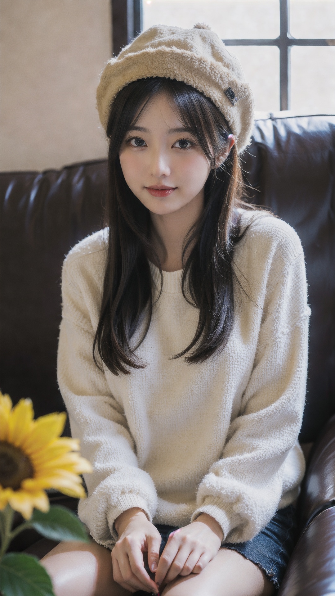 1girl,<lora:mzql2:1>,Ultra-realistic 8k CG,masterpiece,best quality,(photorealistic:1.4),HDR,absurdres,Professional,RAW photo,lens flare,(film grain:1.1),Bokeh,((Depth of field)),studio light, a woman sitting on a couch, , a basket of food , and a teddy bear in the background, 1girl, black_hair, smile, solo, hat, long_sleeves, fur_trim, apple, orange_fruit, sunflower, Highly detailed,Professional,extreme detail description;,