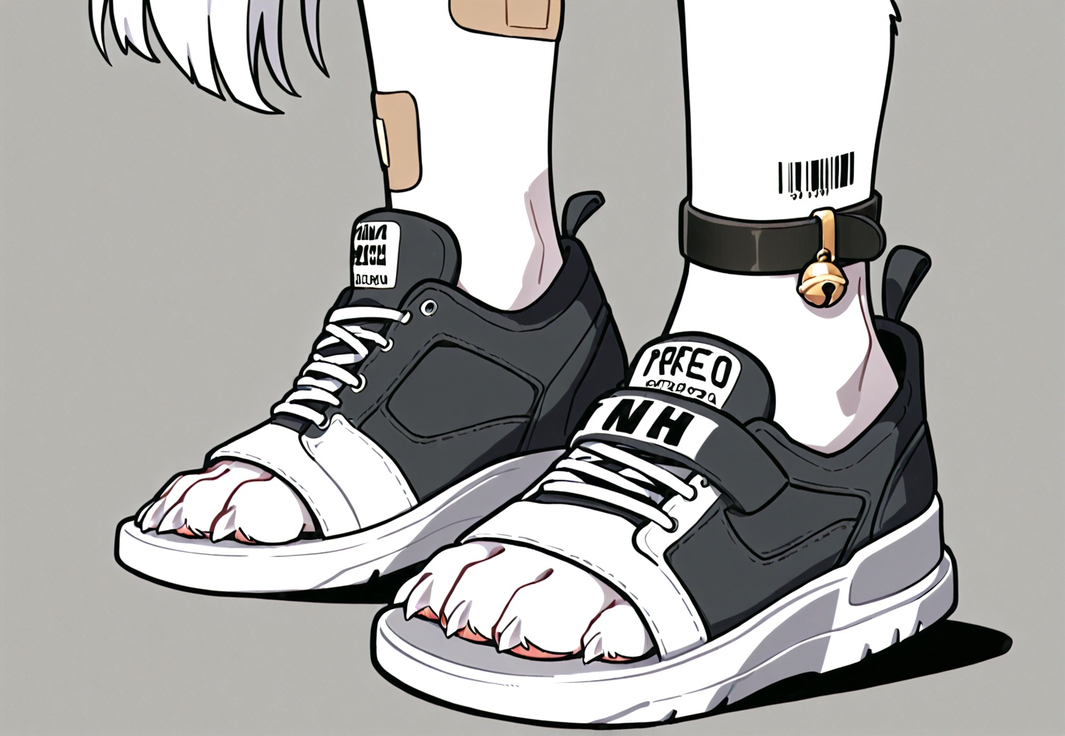 white fur,cat boy,white hair,Right mid length drooping frontal hair,(Asymmetric hair on the temples:1.2),Expose left shoulder,wristband,thick eyebrows,barcode tattoo,bell on collar,Collar,Cortical collar,Large collar,white hair,bandage on nose,bandage on leg,ankle tie bell,shoes focus,wear open toe shoes,<lora:FURRY工坊β:1>,