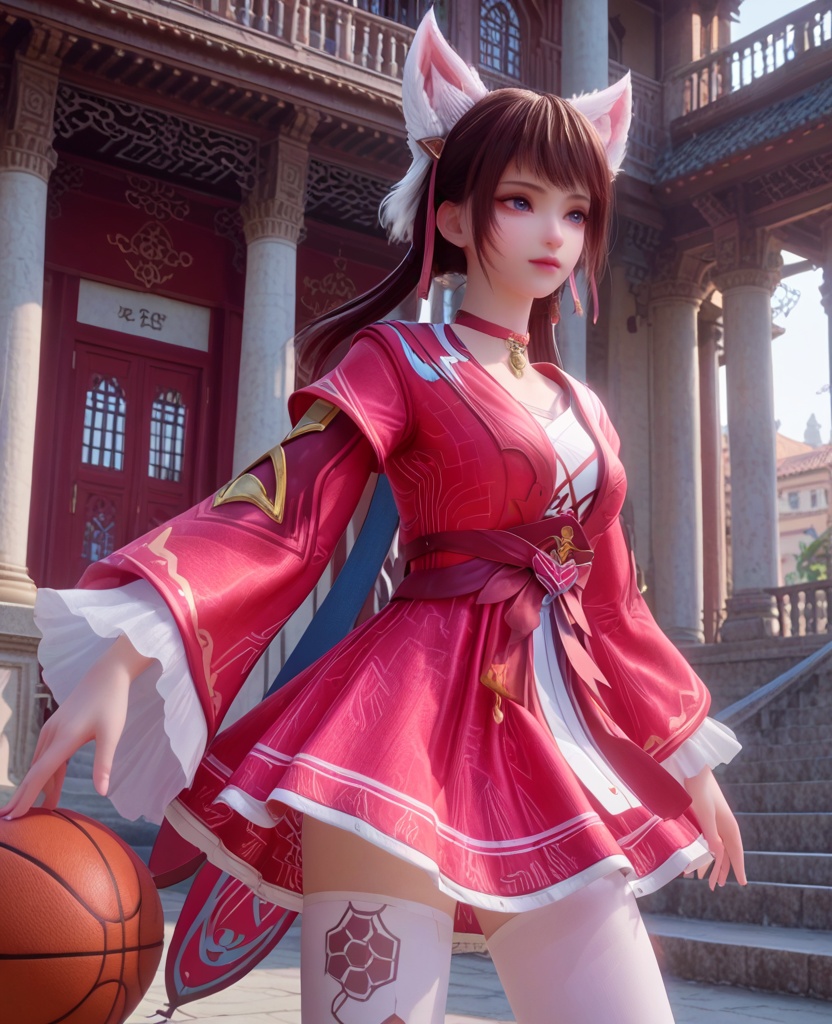 (oriental architecture, elegant decor, sophisticated style:1.1),(basketball player,dribble past someone in a basketball game:1.1),(breasts:1.2),<lora:XL宗门卧底姜雀:0.95>,miss jiangque,red dress,choker,blue eyes,mole under right eye,bangs,brown hair,twintails,fake fox ears,flare sleeveswhite lining,white thighhighs,sash,white lining,, score_9,score_8_up,score_7_up,score_6_up,score_5_up,score_4_up,3d rendering,tag1,tag2, Cinematic Lighting,backlighting,